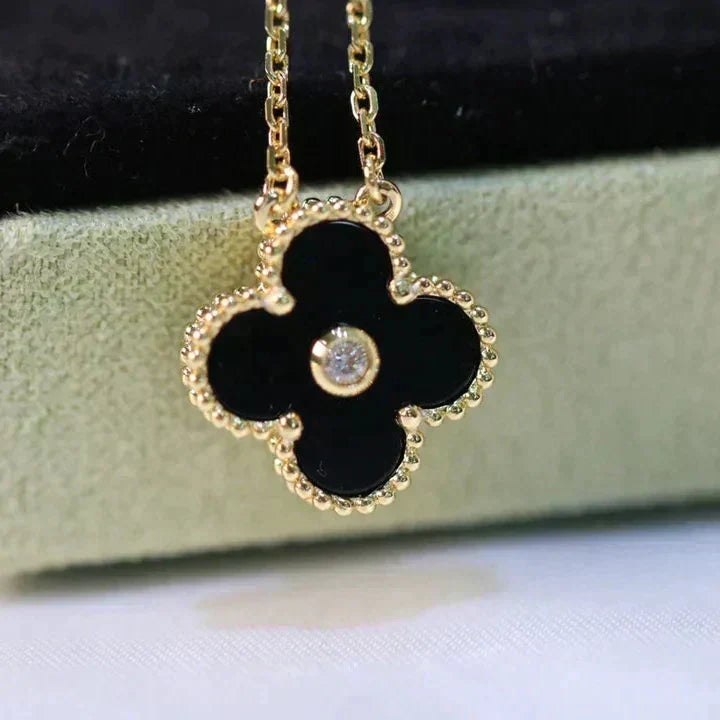 VCA CLOVER 15MM DIAMOND ONYX NECKLACE