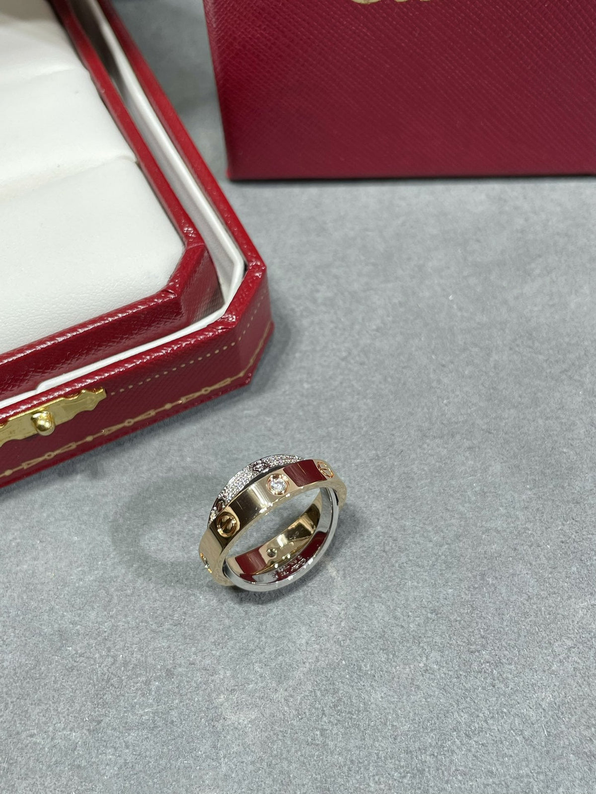 CARTIER LOVE PINK GOLD SILVER DIAMOND DOUBLE RING