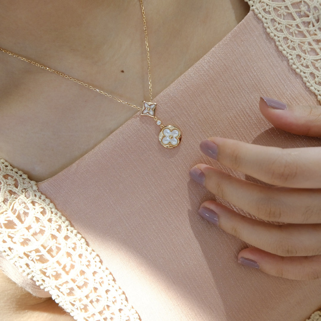 LOUIS VUITTON STAR AND SUN WHITE MOP 2 MOTIF PINK GOLD NECKLACE