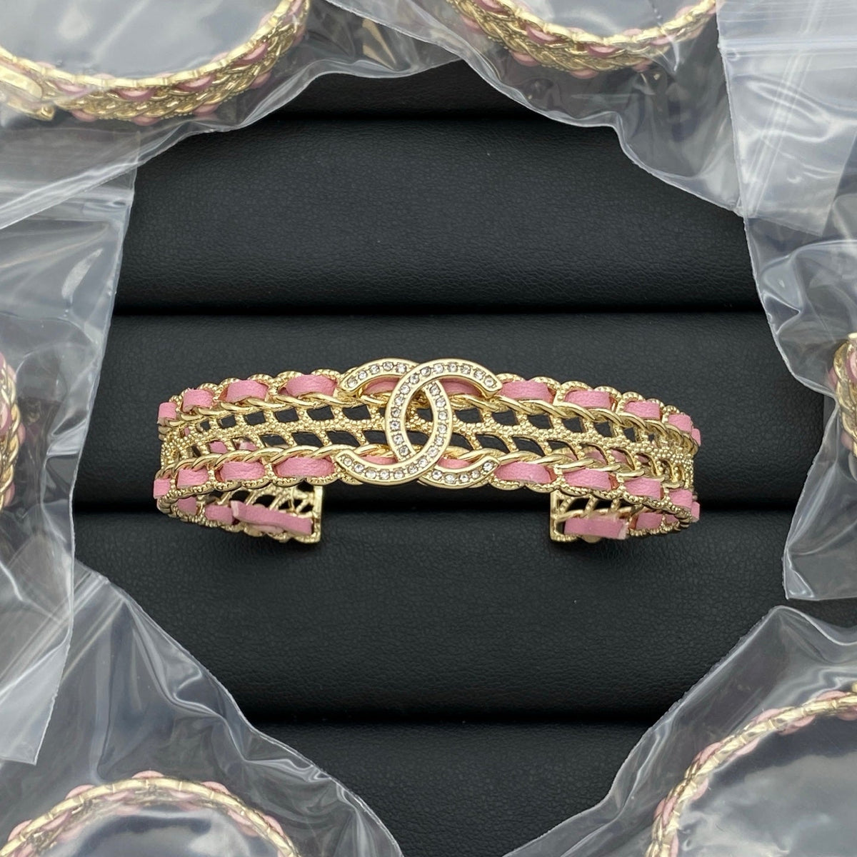 Chanel Pink Leather Bangle Bracelets