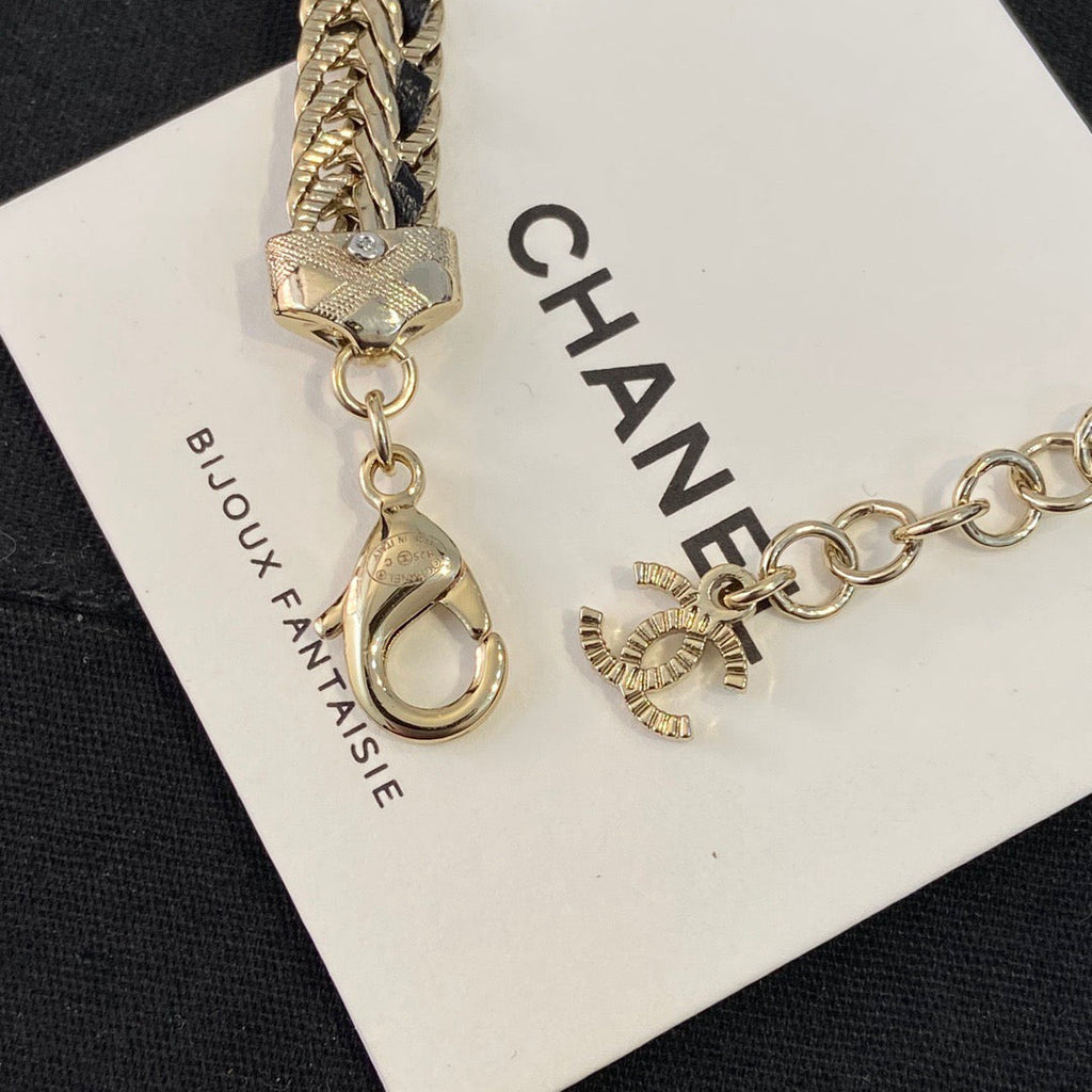 Chanel Black Leather Gold Choker Necklaces