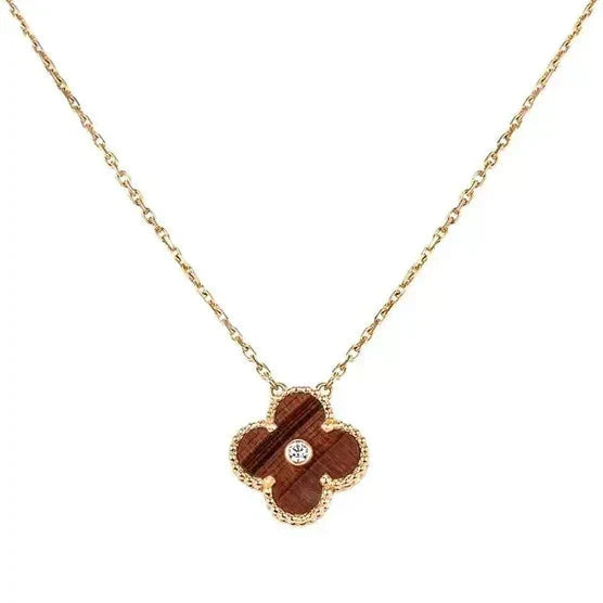 VCA CLOVER 15MM DIAMOND AND YELLOW TIGER'S EYE AGATE necklace